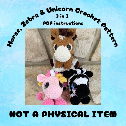 Horse, Zebra, Unicorn Crochet Pattern PDF - NOT A PHYSICAL ITEM